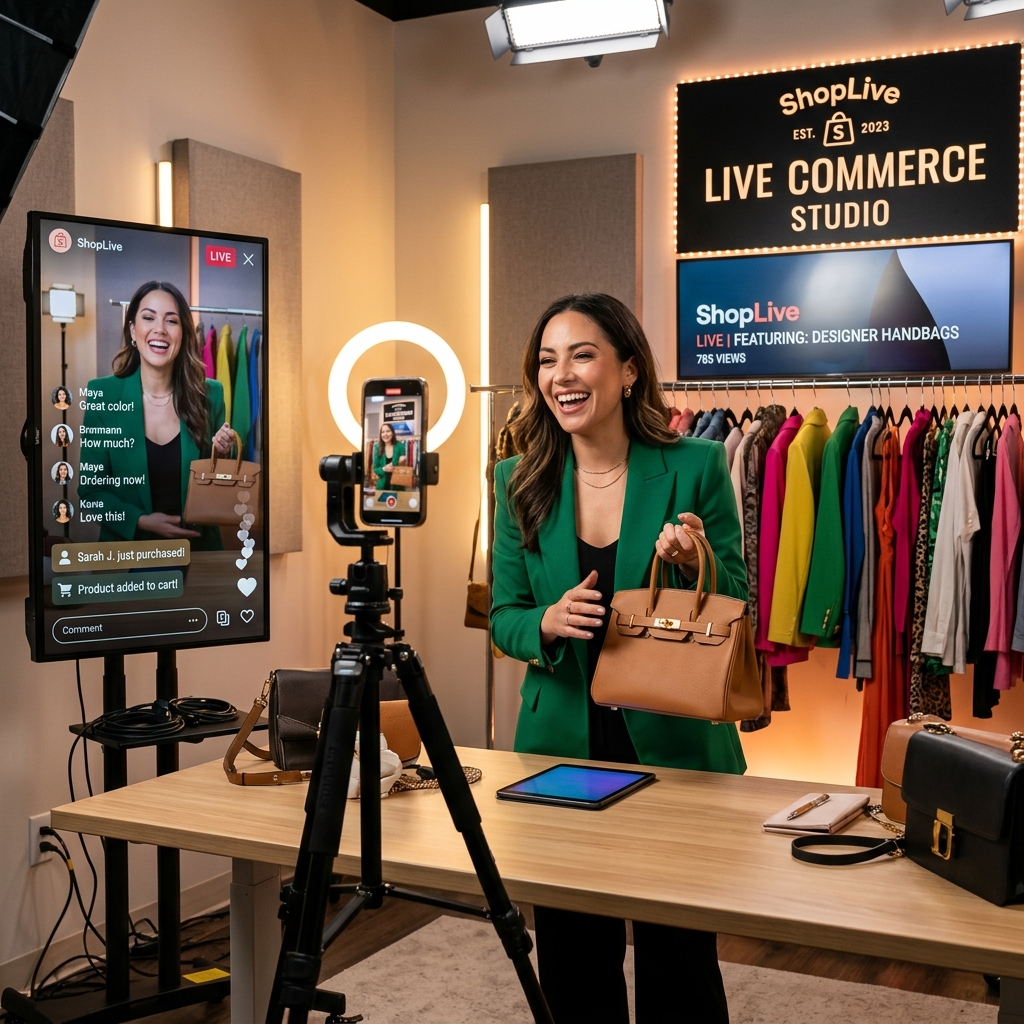 Professional live commerce studio setup with active selling.